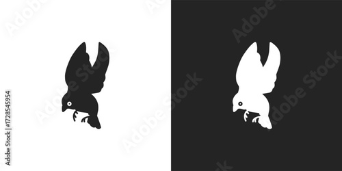 black and white bird logo, icon. animal, fly, flying, nature, feather, wild, wildlife, fauna, wing, sticker, clipart, flat, vector illustration.	