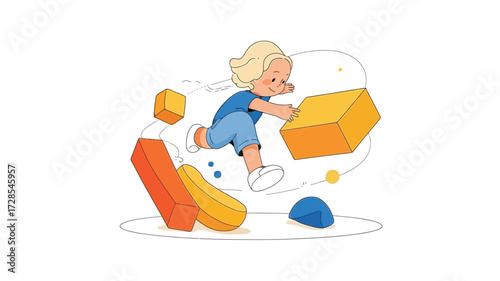 Energetic young boy with blonde hair happily playing with colorful building blocks and toys in a whimsical dynamic composition