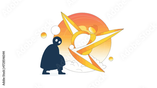 Mysterious silhouette figure gazes at explosive fiery energy burst with abstract orange circle background