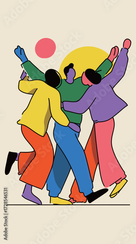 Four friends are happily embracing each other outdoors under the sun. They are dressed in colorful outfits, conveying a sense of joy and unity.