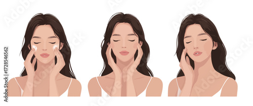 A woman applies cleanser to her face, enjoys a soothing moment, and follows with a moisturizer. This routine aims to enhance skin health and radiance.