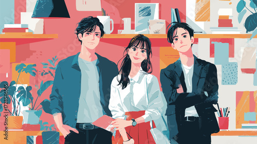 Three young adults stand confidently in a vibrant, creative environment filled with plants and stylish decor. Their expressions show enthusiasm for their surroundings.
