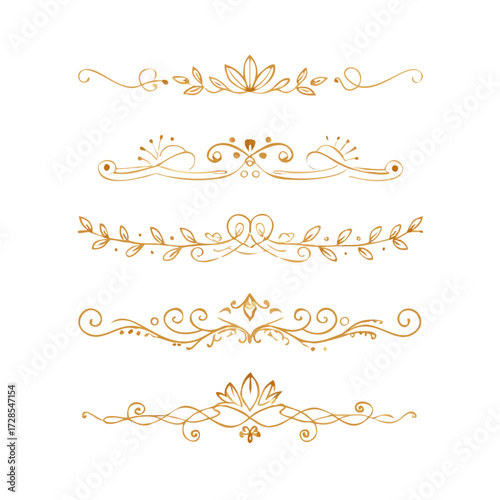 Collection of hand drawn golden text dividers. Calligraphic lines, vintage gold borders and wedding card breaks. Vector isolated flourish ink elements.