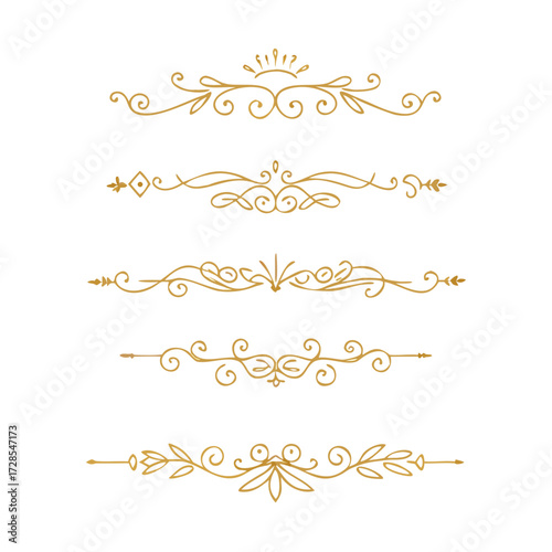 Collection of hand drawn golden text dividers. Calligraphic lines, vintage gold borders and wedding card breaks. Vector isolated flourish ink elements.