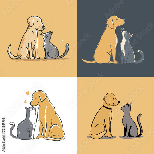 Four charming illustrations depict the bond between cats and dogs. These scenes show affectionate interactions in a playful and colorful style.