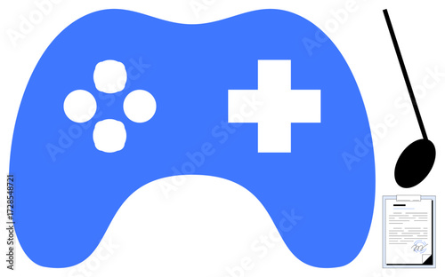 Blue game controller combined with medical cross, stethoscope, and checklist representing medical innovation, health gamification, education, fitness tracking, technology, therapy engagement