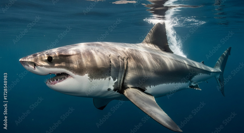 Fototapeta premium Great White Shark Swimming Underwater in Blue Ocean.