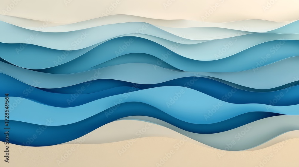 Fototapeta premium stylized sea wave cutouts stacked horizontally in gradient blues over sandy beach strip with ample empty banner space at top