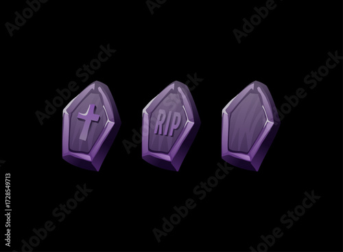 Halloween Gravestone Icon Pack Purple Tombstone RIP Cross Grave Horror Creepy Spooky Gothic Cemetery Headstone RPG Game Ui Asset Dark Vector Illustration