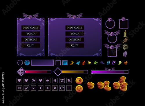 Halloween Game Ui Pack Horror Rpg Menu Overlay Icon Button Coin Skull Bat Wing Tombstone Candle Spooky Creepy Gothic Dark Vector Asset Hud Interface bar button
