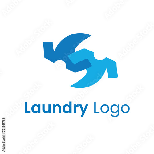 Modern blue laundry service logo design featuring stylized shirts, perfect for dry cleaning, washing, and textile care businesses and companies