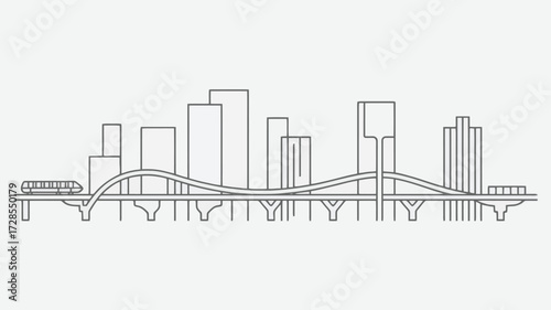 Modern city skyline silhouette with a wavy bridge and elevated highway in a minimalist line art style