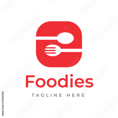 Modern and creative food establishment logo design featuring a stylized spoon and fork icon within a sleek square shape, perfect for culinary branding and dining concepts