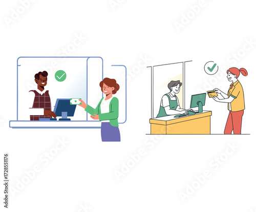 Payment Transaction at Service Desk. Flat Vector Illustration of Customer and Cashier Making a Purchase with Cash and Card. Retail and Banking Concept