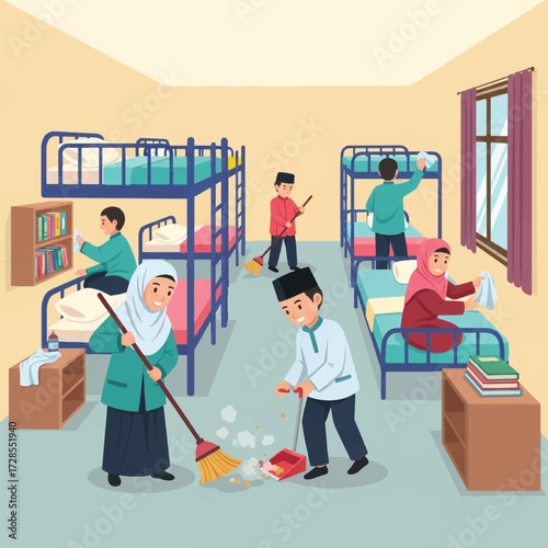 Illustration of children cleaning a dormitory with bunk beds and windows.