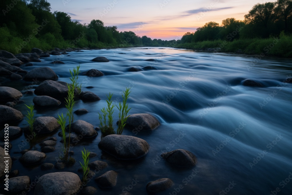 Obraz premium Serene river with smooth flowing water over rocks, natural photo style, forest background, concept of tranquility and nature beauty