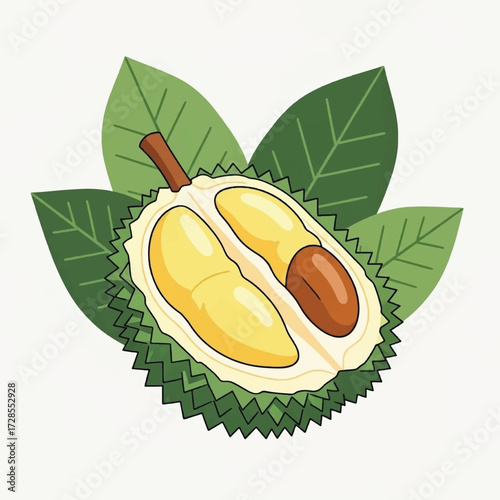 A stylized illustration of a halved durian fruit, revealing its creamy yellow pulp and a single seed, set against a backdrop of green leaves.