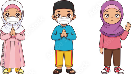 Cartoon Muslim kids wearing face mask, Islamic children greeting, hijab girl, boy praying, cultural illustration, Ramadan kareem, Eid mubarak festival