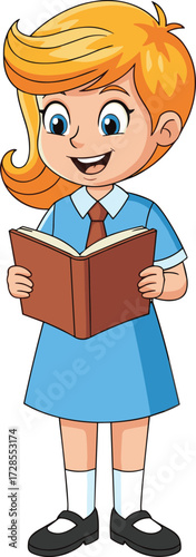 Cartoon schoolgirl reading book, cute student in blue uniform, happy child learning, adorable girl study illustration, education kids character design
