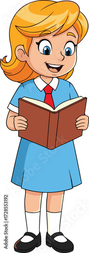 Cartoon schoolgirl reading book, cute student in uniform, happy child character learning, adorable girl study illustration, education kids drawing art