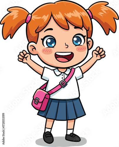 Cartoon schoolgirl with red hair, happy student character, wearing uniform, smiling child illustration, cute girl with backpack, education concept artwork