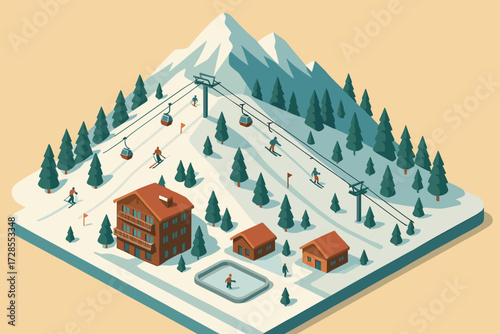 Winter resort illustration featuring ski slopes, cabins, and a ski lift