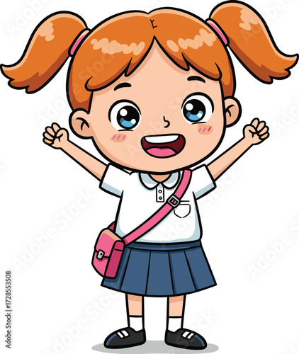 Cute cartoon schoolgirl with red hair, happy child character, wearing uniform and backpack, smiling young student illustration, education concept artwork