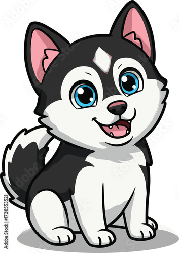 Cute husky puppy cartoon illustration, adorable dog with bright blue eyes, fluffy black and white pet, happy animal character drawing art