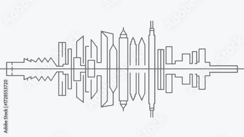 Abstract minimalist line art cityscape silhouette reflecting in water creating a symmetrical sound wave pattern