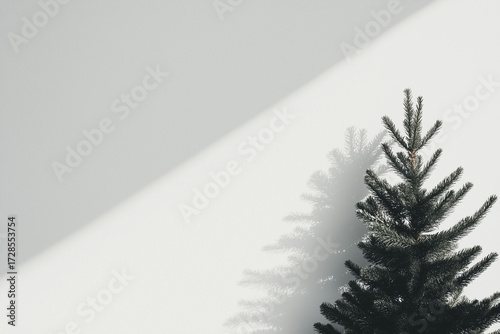 christmas tree on the wall with shadow,christmas tree in the room with shadow,christmas background with copy space,christmas background with fir branches shadow