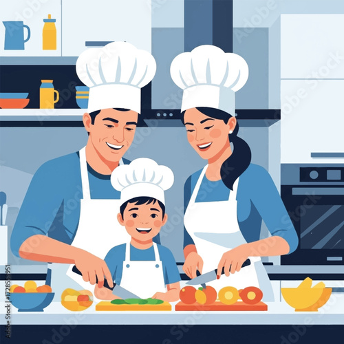 A happy family, including a father, mother, and young son, all wearing chef hats and aprons, joyfully chopping vegetables together in a modern kitchen.