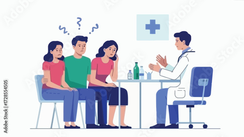 Family consulting with doctor about health concerns and medical treatment options in a clinic setting