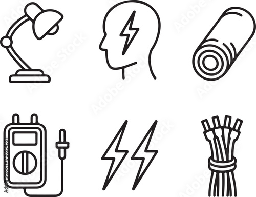 A set of six minimalist line art icons representing electricity, power, and engineering concepts for technology design