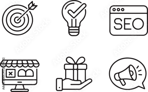 A minimalist collection of icons representing business, marketing, and online shopping elements, ideal for web design and presentations