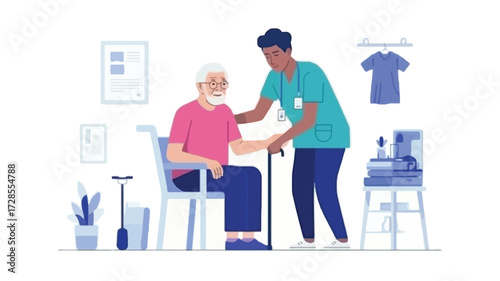 Caring nurse assisting elderly patient with cane in a clean medical clinic or hospital room with medical supplies and equipment