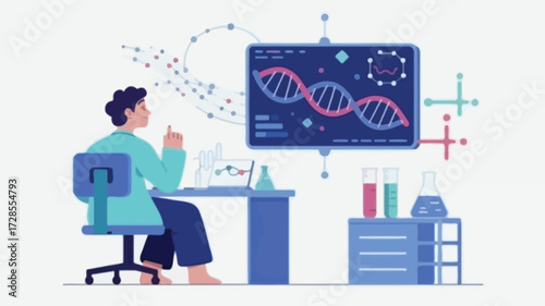 Scientist in a lab coat analyzes dna helix on a large screen displaying genetic research and molecular structures in a modern laboratory setting