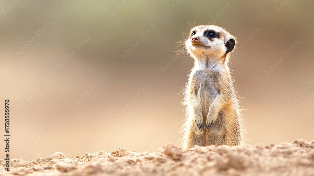 Fototapeta premium A curious meerkat stands alertly on sandy ground, looking upwards with bright eyes