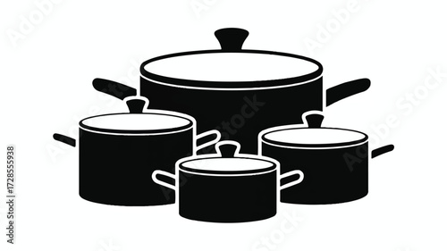 A black and white illustration of a set of nested cooking pots and pans arranged in a minimalist style.  