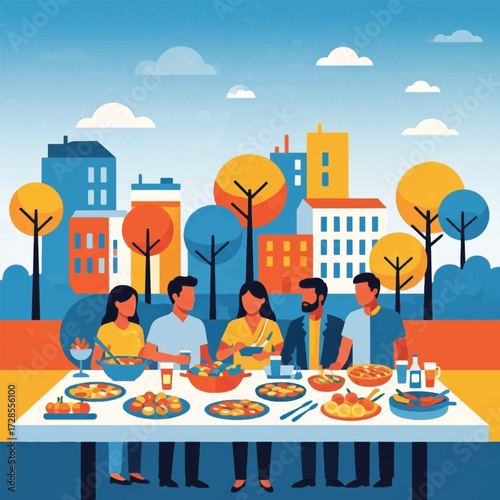A group of diverse friends enjoying an outdoor meal together in a city park.