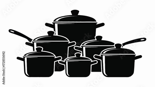 A black and white illustration of a set of nested cooking pots and pans arranged in a minimalist style.  