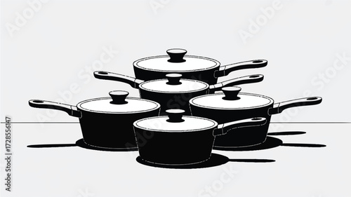 A black and white illustration of a set of nested cooking pots and pans arranged in a minimalist style.  