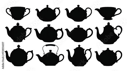A black and white silhouette illustration of various teapots and tea cups arranged in a grid pattern.  