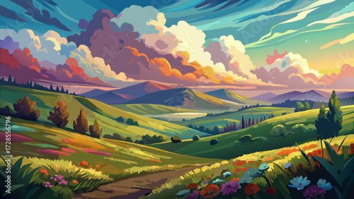 An enchanting watercolor landscape painting illustrates soft rolling hills with glowing wildflower meadows, beneath a dramatic cloudy sky, rendered gracefully in timeless impressionist style, evoking 