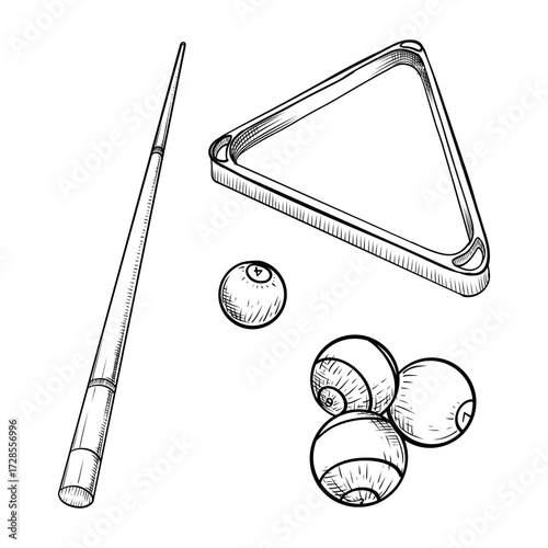 Pool Billiard Balls and Cue Stick Vector Line Art Hand Drawn Illustration