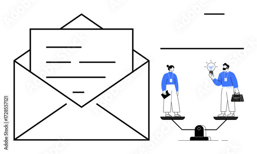Open envelope with a letter, professionals balancing on scales, light bulb symbolizing ideas. Ideal for communication, teamwork, collaboration, ideas, equality innovation business concepts. Simple