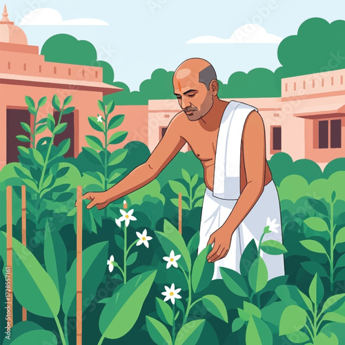 A bald man in white robes tending to a lush garden filled with green plants and white flowers.