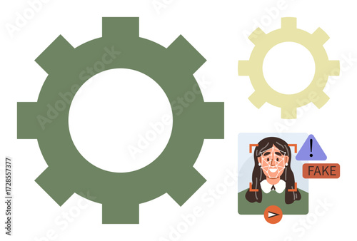 Green and yellow cogwheels alongside a woman s portrait flagged by a facial recognition system as fake. Ideal for technology, AI ethics, deepfake risks, automation, warnings, digital identity