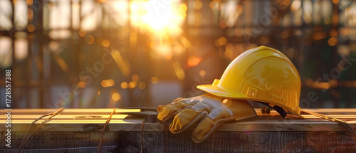Safety first at the construction site: Hard hat and gloves at sunset for a secure workspace