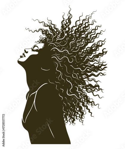 Silhouette of a woman with curly hair looking up against a white background in a stylized illustration