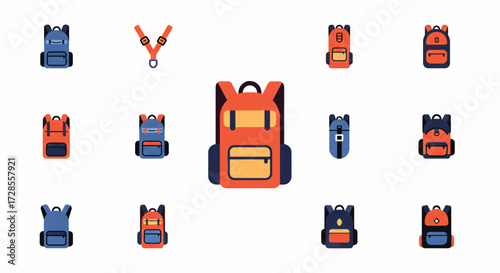 Collection of colorful backpacks displayed on white surface, representing school supplies and travel gear, evoking a sense of adventure and organization.